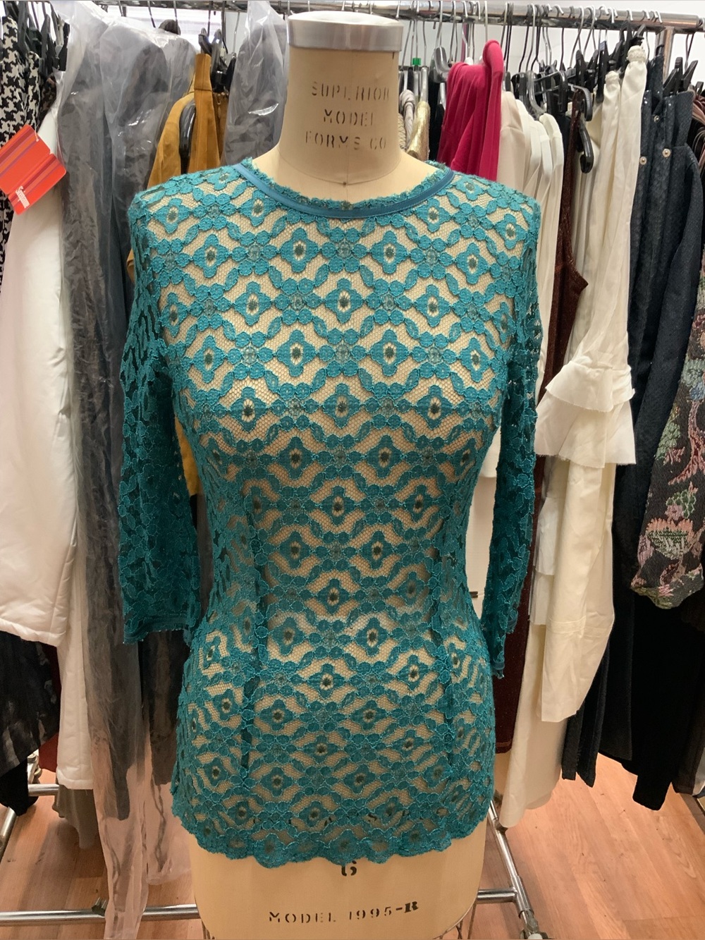 Teal Lace Sheer Long-Sleeve Dress
